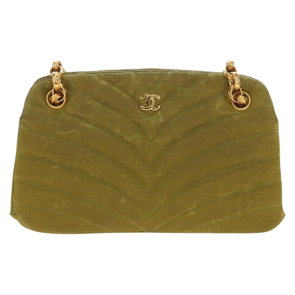 CHANEL Chain V Stitch Shoulder Bag Canvas Green Gold CC Auth 184285SM