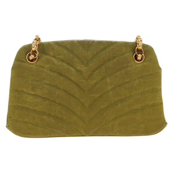 CHANEL Chain V Stitch Shoulder Bag Canvas Green Gold CC Auth 184285SM
