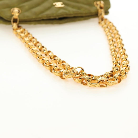 CHANEL Chain V Stitch Shoulder Bag Canvas Green Gold CC Auth 184285SM