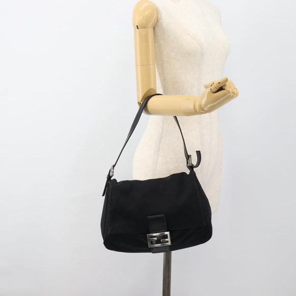 FENDI Mamma Baguette Shoulder Bag Cotton Jersey Black Silver Auth 184302