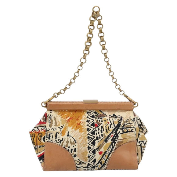 PRADA Schultertasche Kette Canvas Braun Gold Auth 184304A
