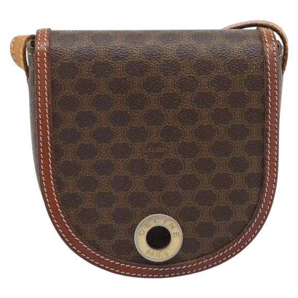 CELINE Macadam Canvas Circle Umhängetasche PVC Leder Braun Gold Auth 184306