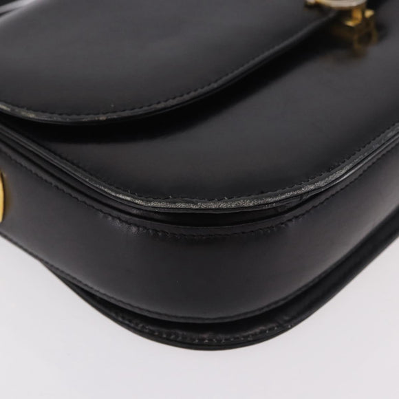 GUCCI Horsebit Shoulder Bag Leather Black Gold Auth 184318