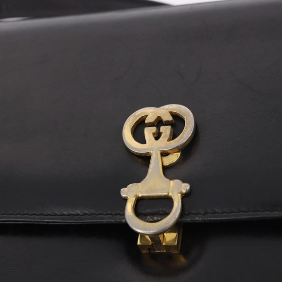 GUCCI Horsebit Shoulder Bag Leather Black Gold Auth 184318