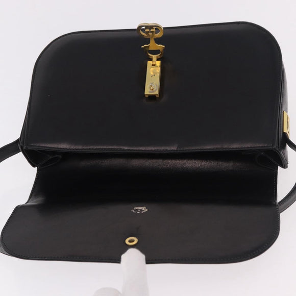GUCCI Horsebit Shoulder Bag Leather Black Gold Auth 184318