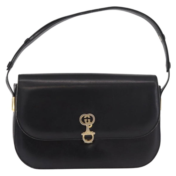 GUCCI Horsebit Shoulder Bag Leather Black Gold Auth 184318