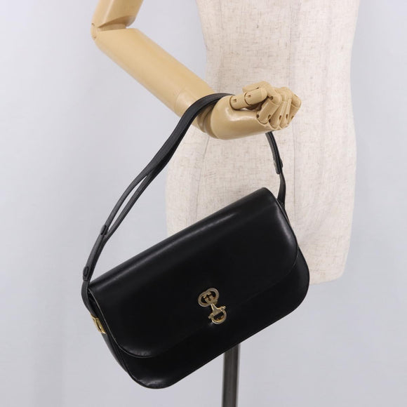 GUCCI Horsebit Shoulder Bag Leather Black Gold Auth 184318