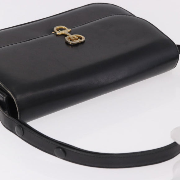 GUCCI Horsebit Shoulder Bag Leather Black Gold Auth 184318
