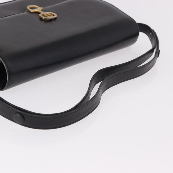GUCCI Horsebit Shoulder Bag Leather Black Gold Auth 184318