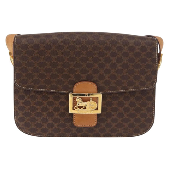 CELINE Macadam Canvas Horse Carriage Bag PVC Leather Brown Gold Auth 184354A