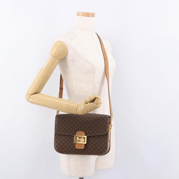 CELINE Macadam Canvas Horse Carriage Bag PVC Leather Brown Gold Auth 184354A