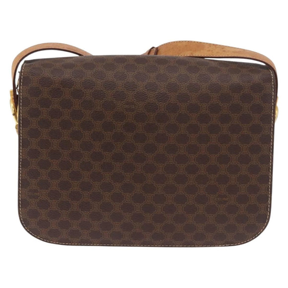 CELINE Macadam Canvas Horse Carriage Bag PVC Leather Brown Gold Auth 184354A
