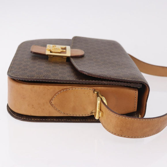 CELINE Macadam Canvas Horse Carriage Bag PVC Leather Brown Gold Auth 184354A