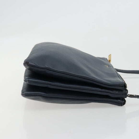 CELINE Trio Shoulder Bag Leather Navy Gold Auth 184367