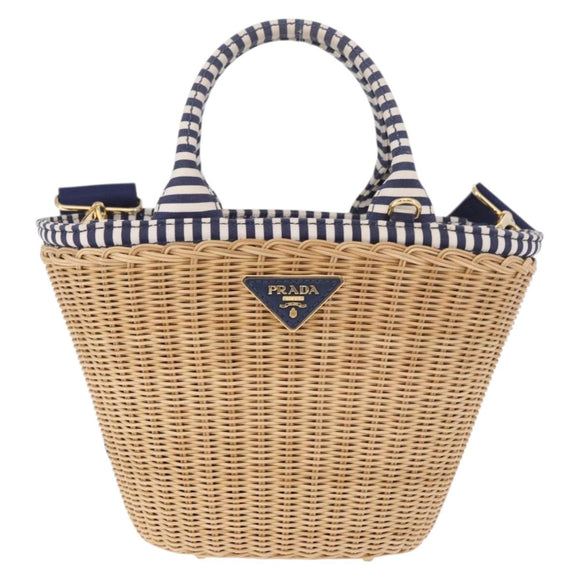 PRADA Hand Bag Rattan Beige Gold Auth 184379SAM