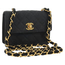CHANEL Matelasse Chain Shoulder Pouch Canvas Black Gold CC Auth 184384V-1