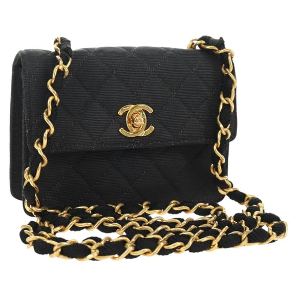 CHANEL Matelasse Chain Shoulder Pouch Canvas Black Gold CC Auth 184384V