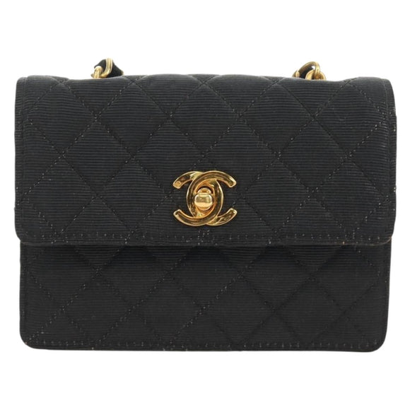 CHANEL Matelasse Chain Shoulder Pouch Canvas Black Gold CC Auth 184384V
