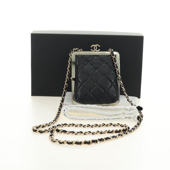 CHANEL Chain Shoulder Pouch Evening Bag Lamb Skin Black Gold CC Auth 184385SV
