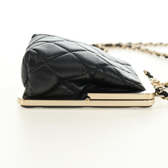 CHANEL Chain Shoulder Pouch Evening Bag Lamb Skin Black Gold CC Auth 184385SV