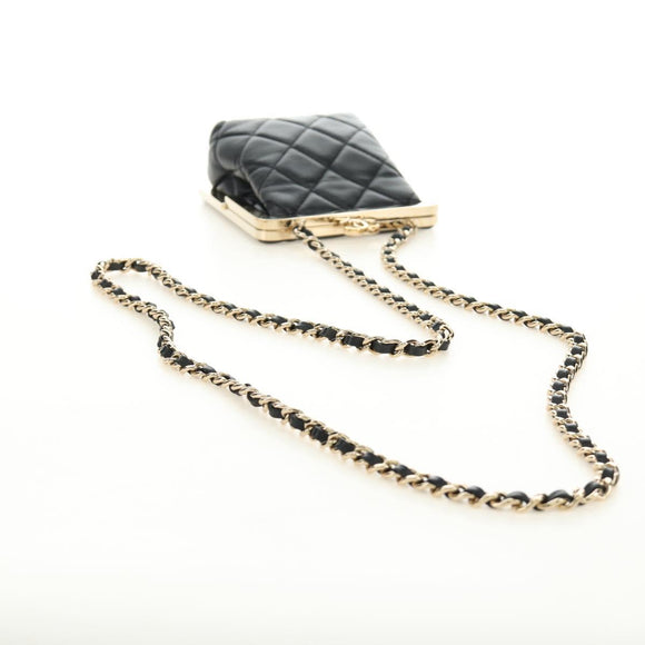 CHANEL Chain Shoulder Pouch Evening Bag Lamb Skin Black Gold CC Auth 184385SV