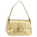 FENDI Zucchino Canvas Mamma Baguette Shoulder Bag Leather Gold Auth 184388M-1