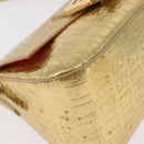 FENDI Zucchino Canvas Mamma Baguette Shoulder Bag Leather Gold Auth 184388M-14