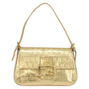 FENDI Zucchino Canvas Mamma Baguette Shoulder Bag Leather Gold Auth 184388M-13