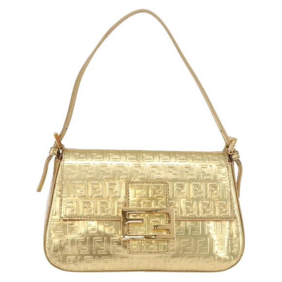 FENDI Zucchino Canvas Mamma Baguette Shoulder Bag Leather Gold Auth 184388M