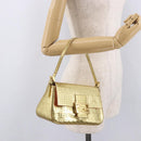FENDI Zucchino Canvas Mamma Baguette Shoulder Bag Leather Gold Auth 184388M-26