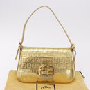 FENDI Zucchino Canvas Mamma Baguette Shoulder Bag Leather Gold Auth 184388M-12