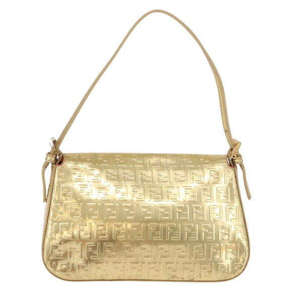 FENDI Zucchino Canvas Mamma Baguette Shoulder Bag Leather Gold Auth 184388M