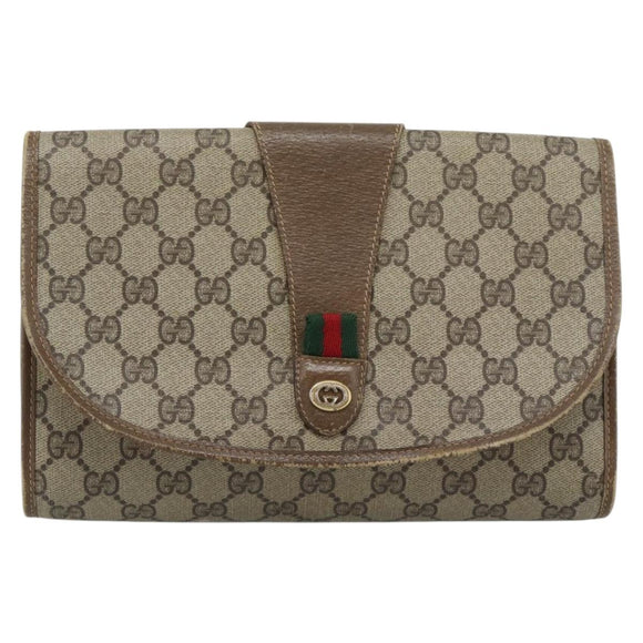 GUCCI GG Supreme Web Sherry Line Clutch Bag PVC Beige Gold 89 01 030 Auth 184406