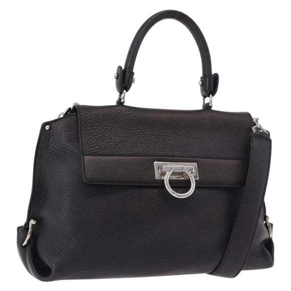 Salvatore Ferragamo Hand Bag Leather 2way Black Silver Auth 184407V