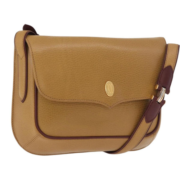 CARTIER Shoulder Bag Leather Beige Gold Auth 184435