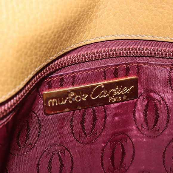 CARTIER Shoulder Bag Leather Beige Gold Auth 184435