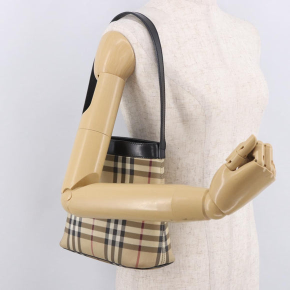 BURBERRY Nova Check Shoulder Bag PVC Beige Silver Auth 184442