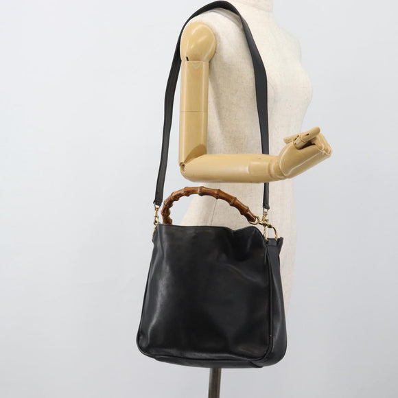 GUCCI Bamboo Handtasche Leder 2-Wege Schwarz Gold 001 1638 2615 Auth 184452