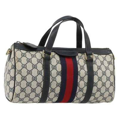 GUCCI GG Supreme Sherry Line Boston Bag PVC Navy Gold Red Auth 184453