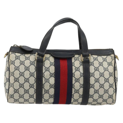 GUCCI GG Supreme Sherry Line Boston Bag PVC Navy Gold Red Auth 184453 - 0