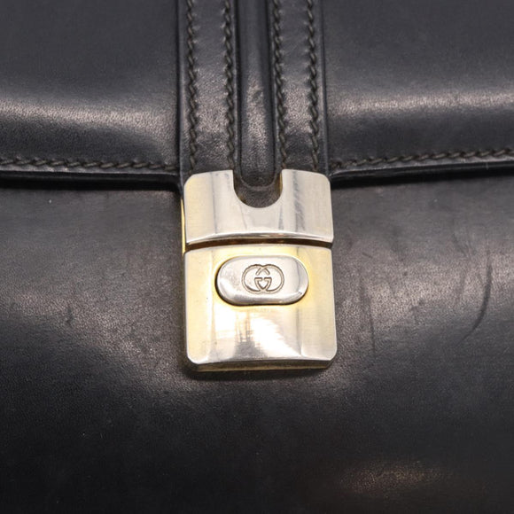 GUCCI Shoulder Bag Leather Navy Gold Auth 184456