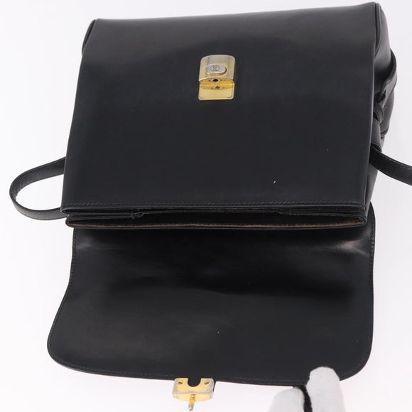 GUCCI Shoulder Bag Leather Navy Gold Auth 184456