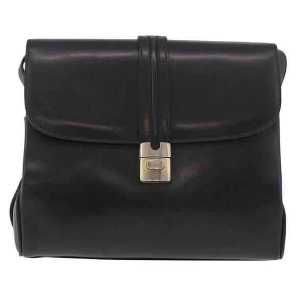 GUCCI Shoulder Bag Leather Navy Gold Auth 184456