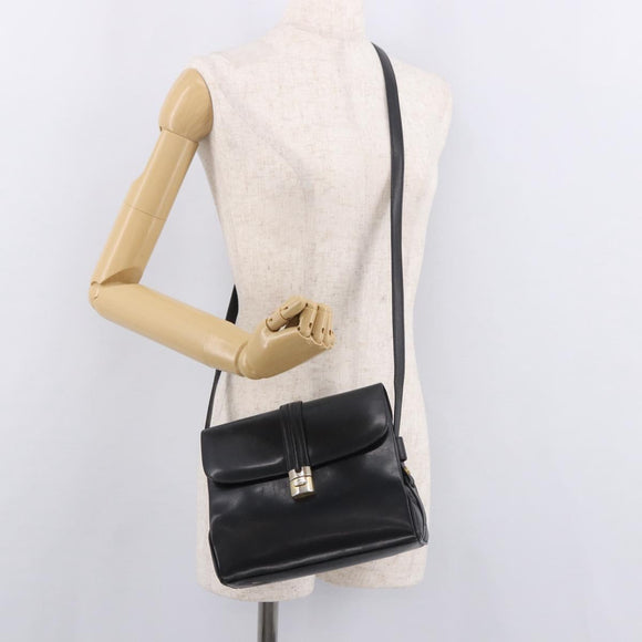 GUCCI Shoulder Bag Leather Navy Gold Auth 184456