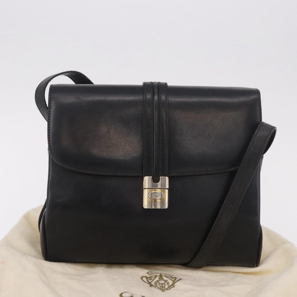 GUCCI Shoulder Bag Leather Navy Gold Auth 184456