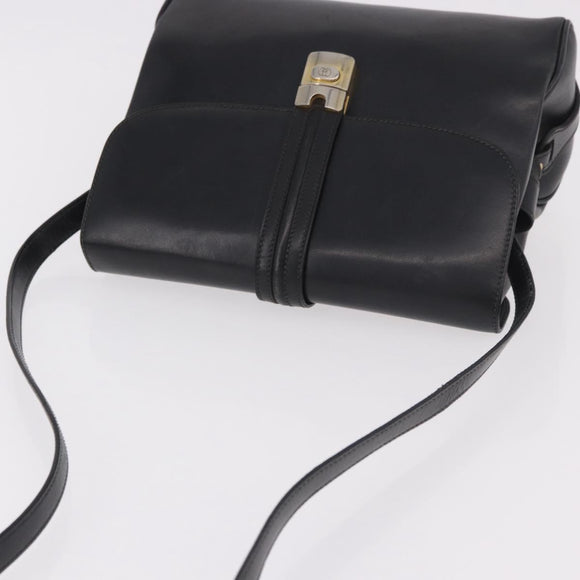 GUCCI Shoulder Bag Leather Navy Gold Auth 184456