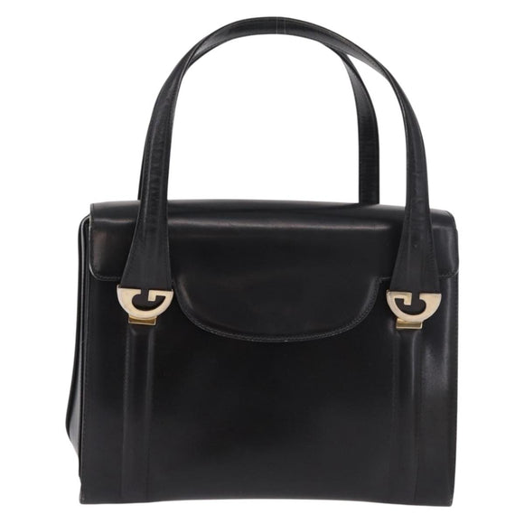 GUCCI Hand Bag Leather Black Gold Auth 184460