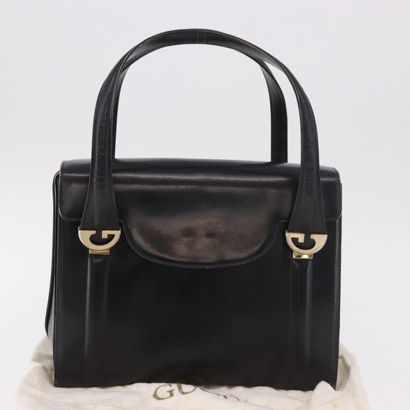 GUCCI Hand Bag Leather Black Gold Auth 184460
