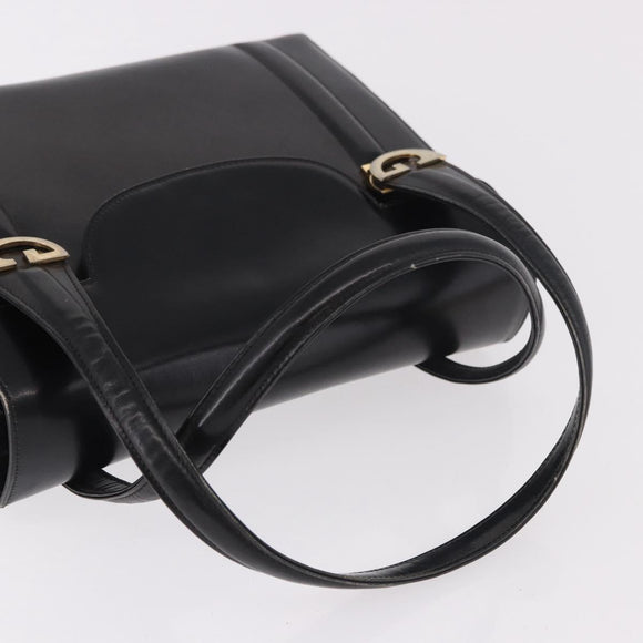 GUCCI Hand Bag Leather Black Gold Auth 184460