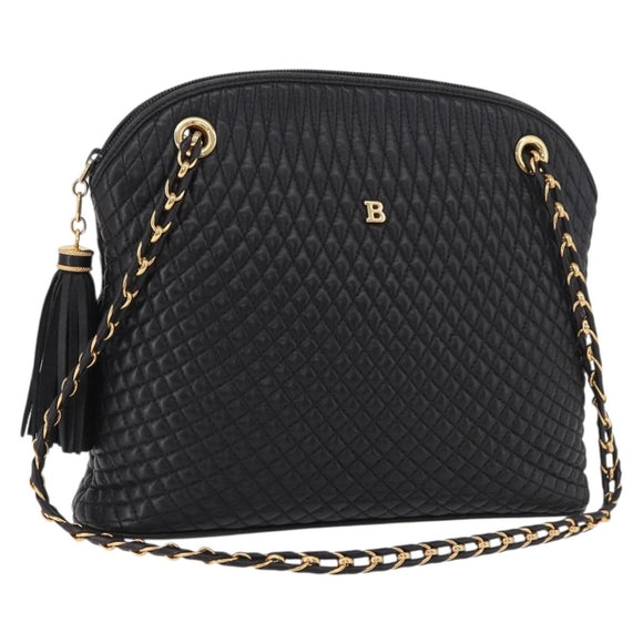 BALLY Chain Shoulder Bag Leather Black Gold Auth 184465